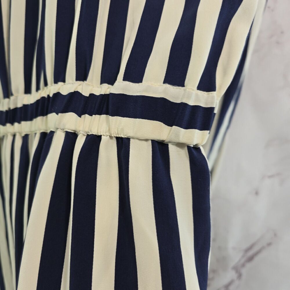Vintage Silk Dress Womens Large 12 Navy Cream White Midi Maxi Striped Talbots - Picture 11 of 16